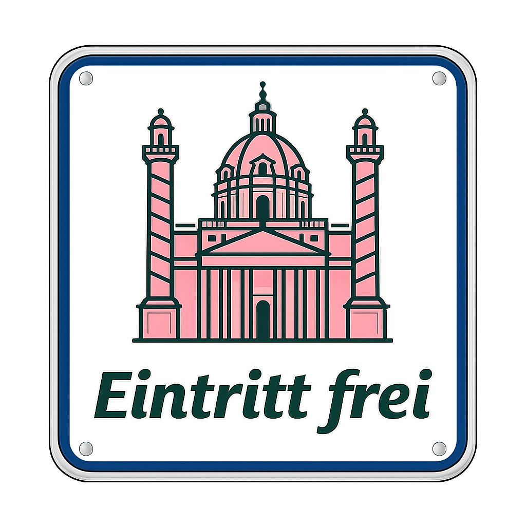 Quadratisches Logo mit abgerundeten Ecken, das in einem grau-blauen Rahmen eingefasst ist. Es enthält das grafische Symbol einer rosa Kirche mit einer Kuppel, zwei Türmen und einem Säuleneingang. Darunter steht in grün der Name des Blogs Eintritt frei.