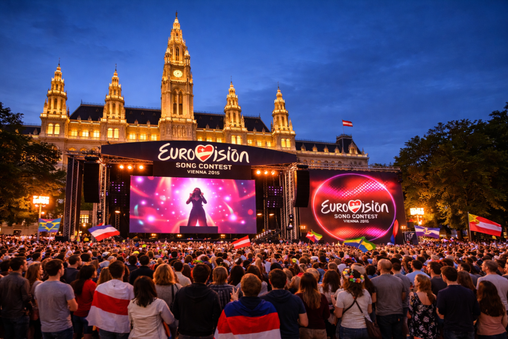 KI-Darstellung des Wiener Rathaus bei blauem Nachthimmel. Davor ist eine Bühne mit Leinwand, auf der eine Sängerin gezeigt wird und Eurovision Song Contest steht. Vor der Bühne wird eine Menschenmenge von hinten gezeigt