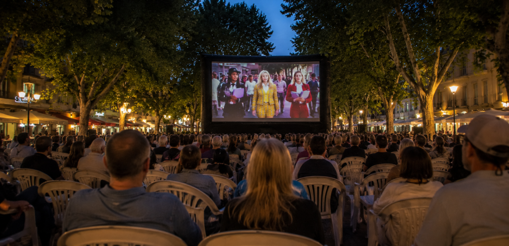 Aufnahme eines Freiluftkinos auf einem mit Straßenlaternen beleuchteten Platz mit Laubbäumen an einem Sommerabend. Auf einer großflächigen Leinwand wird eine Filmszene mit drei weiblichen Personen gezeigt, davor sitzen Menschen in Rückenansicht auf Plastiksesseln.