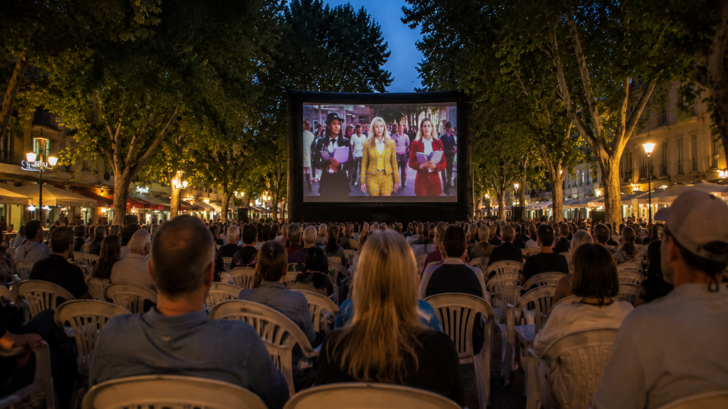 Aufnahme eines Freiluftkinos auf einem mit Straßenlaternen beleuchteten Platz mit Laubbäumen an einem Sommerabend. Auf einer großflächigen Leinwand wird eine Filmszene mit drei weiblichen Personen gezeigt, davor sitzen Menschen in Rückenansicht auf Plastiksesseln.